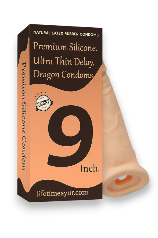 Box of Dragon Condoms with a 9-inch measurement on a white background